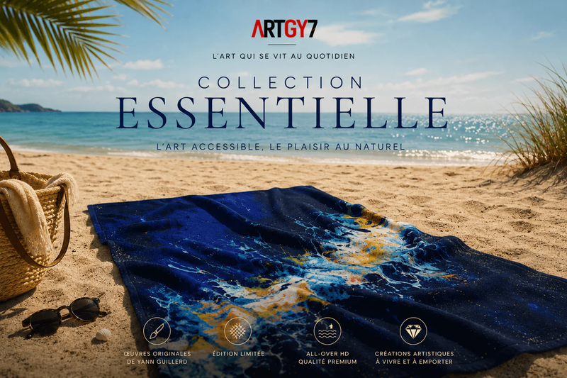Collection Essentielle ARTGY7 — Serviette de plage artistique sur sable, impression all-over HD, œuvre de Yann Guillerd
