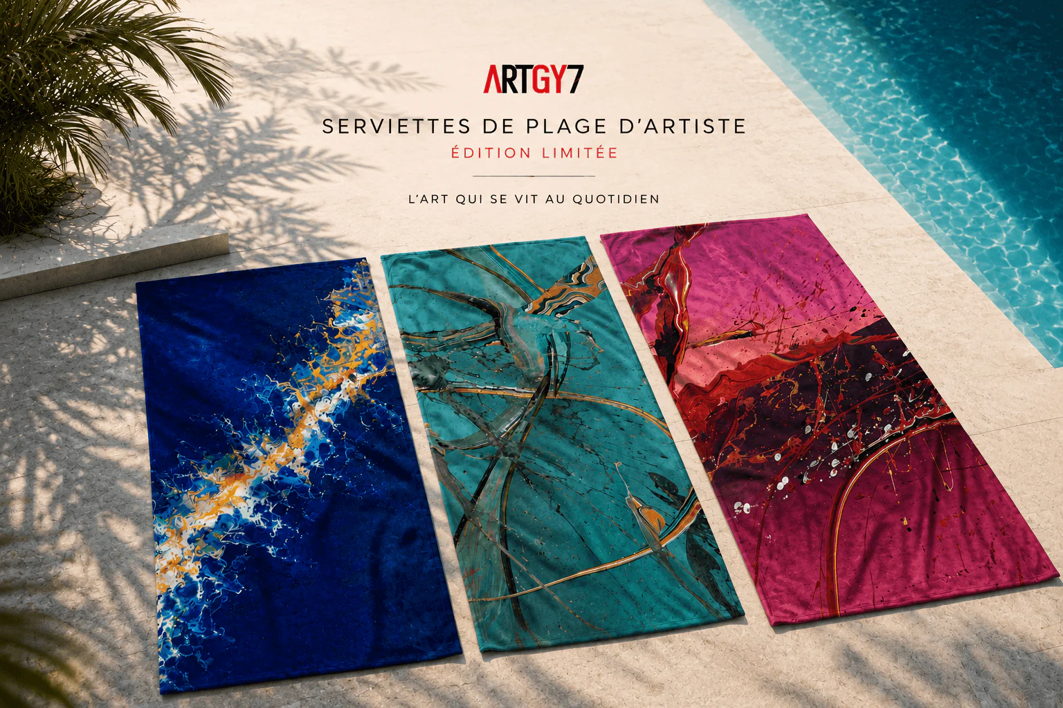 Serviettes de plage d'Artiste by ARTGY7 — Édition Limitée, 3 œuvres originales de Yann Guillerd au bord d'une piscine Image