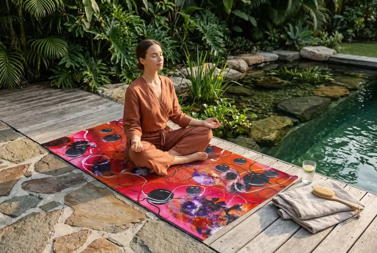 Serviette ATTRACTION utilisée comme tapis de yoga au bord d'une piscine — Collection Signature ARTGY7
